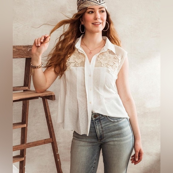 Gimmicks White Cream Pieced Crochet Tank Top Western Casual Classic Large Buckle - Picture 1 of 10